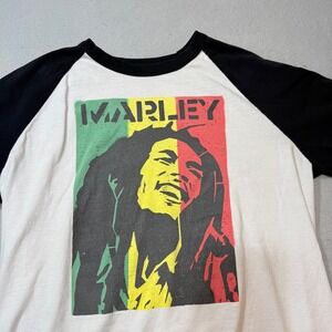 Bob Marley Raglan Baseball Tee‎ Shirt Black White Graphic Print Size Large